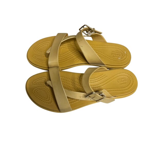 Crocs Tulum Toe Post Sandals Sz 7 Beige Buckle Iconic Comfort Thong Slides Women - Picture 4 of 11